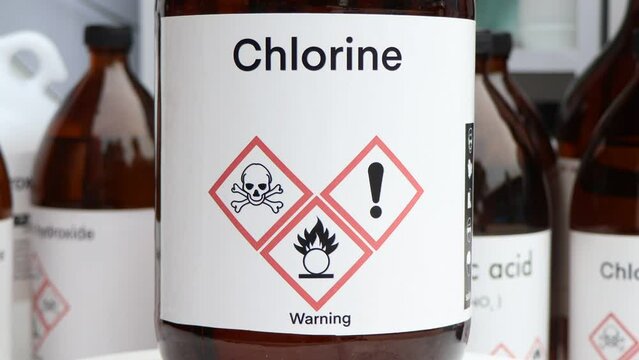 chlorine, Hazardous chemicals and symbols on containers, chemical in industry or laboratory 