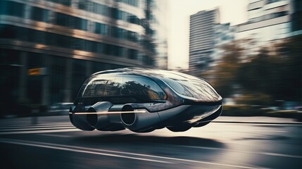 Fast moving in city futuristic flying car blurred motion. AI generated