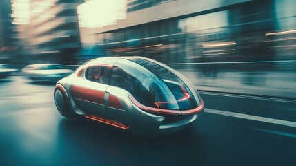 Obraz premium Fast moving in city futuristic flying car blurred motion. AI generated