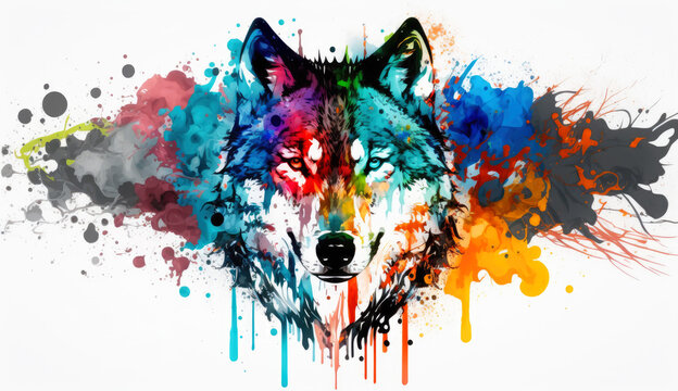 illustration of watercolor wolf, abstract watercolor background, generative ai.