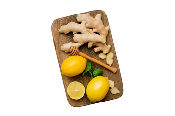 Natural cold and flu home remedies. Natural ingredients for immunity stimulation and viruses protection. top view flat lay isolated on white background