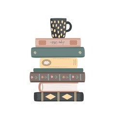 Pile of vintage books with a mug on the top. Standing books composition isolated on white background. Home library. Vector illustration - obrazy, fototapety, plakaty