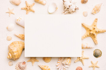 Fototapeta na wymiar Summer time concept with blank greeting card and blank white paper on colored background. Seashells from ocean shore in the shape of frame separated with space for text top view