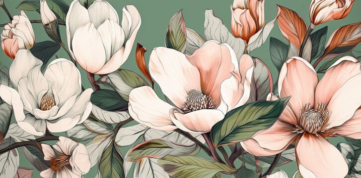 Beautiful floral botanical pattern with magnolia flowers. Spring concept. Generative AI