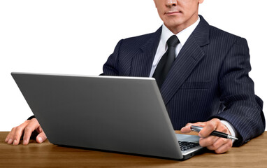 View of young business man using laptop on white background