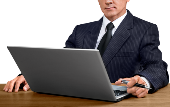 View of young business man using laptop on white background - Powered by Adobe