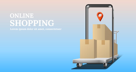 Parcel packaging boxes on shopping cart with location map pin run through phone. Online shopping concept 3d vector.