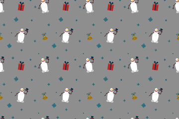 Christmas seamless pattern of snowflakes, bell pickers, snowmen and gifts. Festive pattern for fabric, wrapping paper, clothing. Vector illustration.