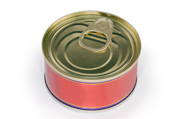 Sealed tin can of canned fish on a white background