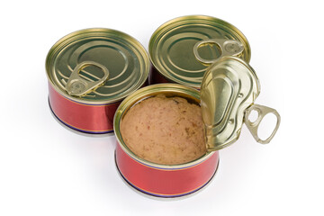 Sealed and one partly open tin cans of canned tuna
