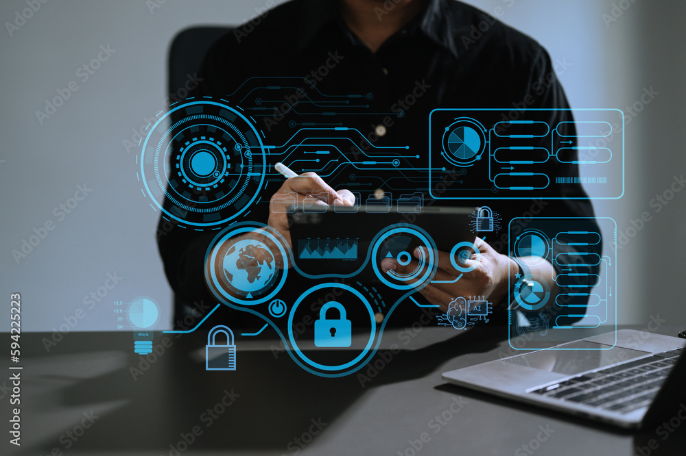 Poster cyber security and data protection information privacy internet technology concept.business man work