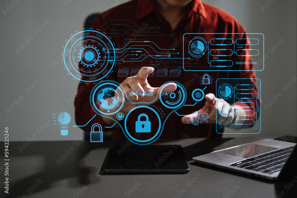 Poster cyber security and data protection information privacy internet technology concept.business man work