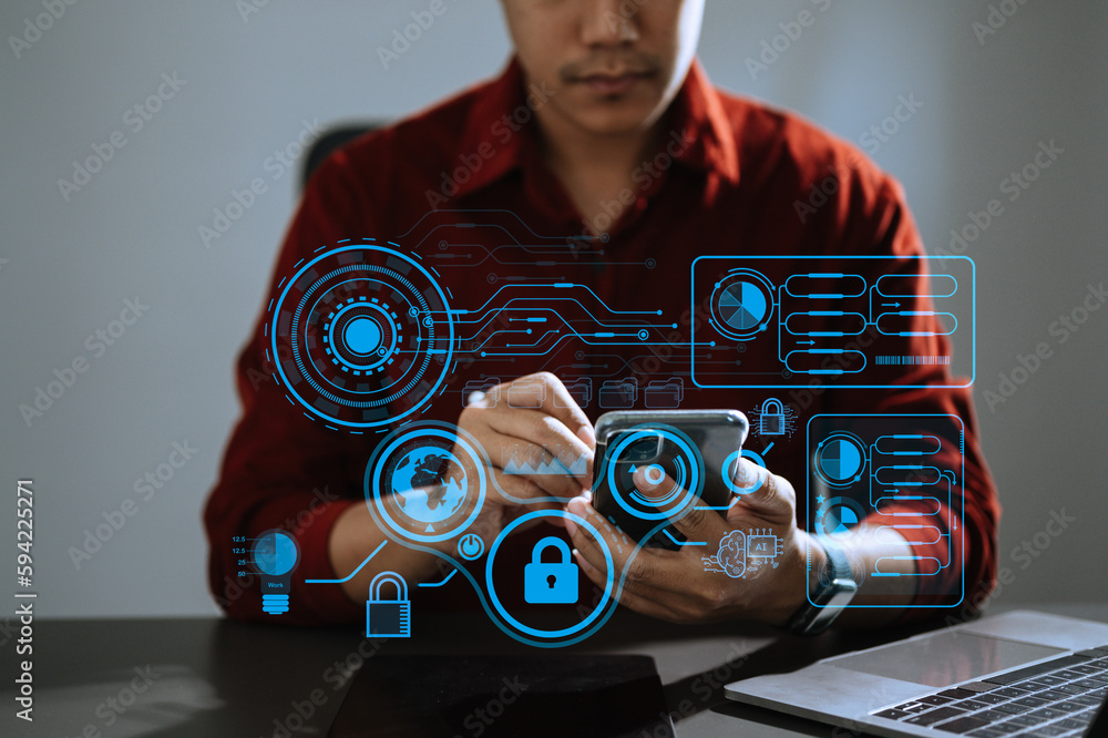 Poster cyber security and data protection information privacy internet technology concept.business man work