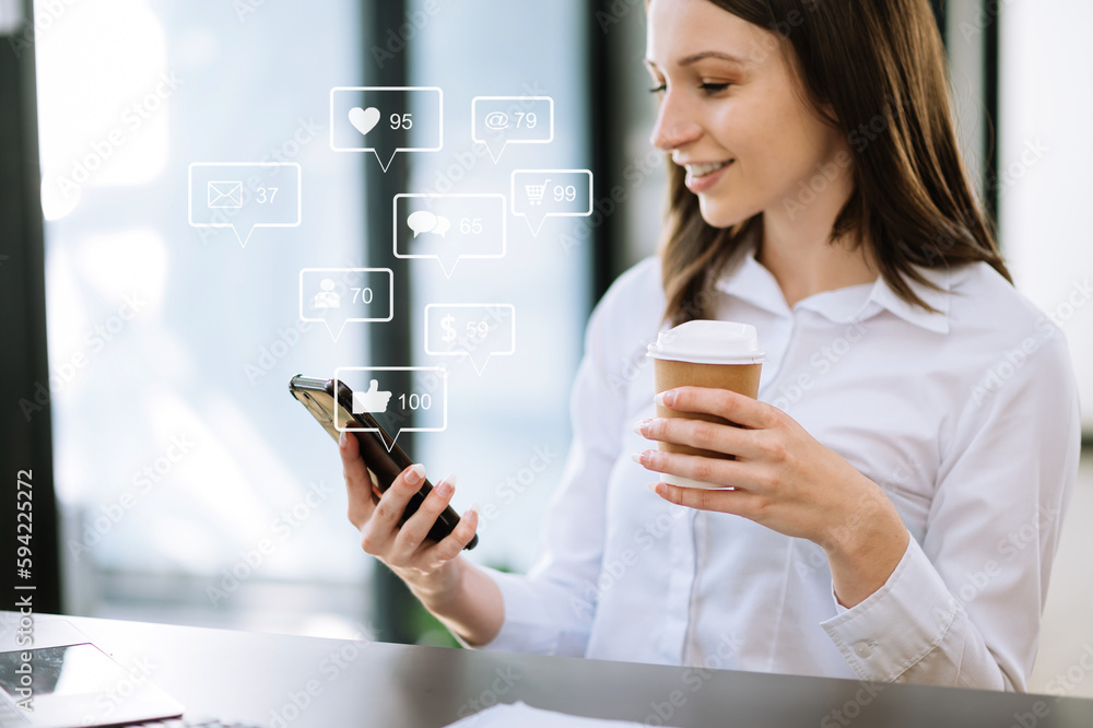 Wall mural Social media and Marketing virtual icons screen concept. close up of businesswoman typing keyboard tablet with laptop computer  and smart phone in office.