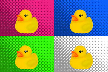 rubber yellow baby ducks for swimming in pop art style on background, concept of mass culture aimed...
