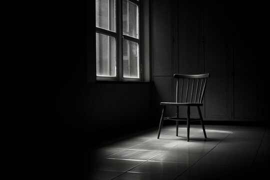 single chair in a dark room like a torture chamber or interrogation room, banner, header, wallpaper, fictional interior made with generative ai
