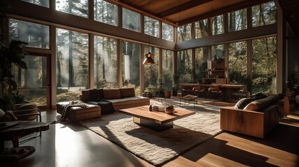 Fototapeta premium Rustic house, luxury living room, interior design, generative AI