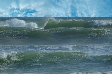 beautiful blue ocean, sea waves with foam fabulous sea tide, blue sky with clouds, concept transcendence, water sports, lack drinking water, climate change, global warming, vacation and travel