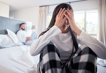 Couple, divorce or fight in bedroom depression, argument or disagreement in toxic relationship at home. Frustrated woman in unhappy marriage, cheating man or conflict on bed after breakup indoors - obrazy, fototapety, plakaty