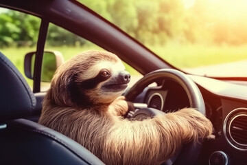 Smiling sloth driving car in sunny day, defocused rural landscape on background, rear view. Generative AI