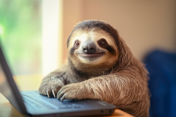 Sloth on computer working from home office. Generative AI - obrazy, fototapety, plakaty