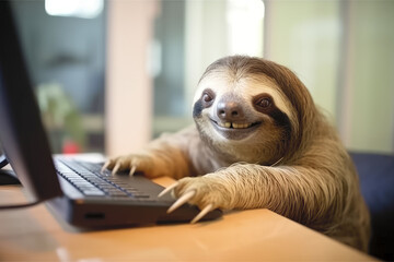 Smiling sloth playing game on computer with excited face. Generative AI - 594226450