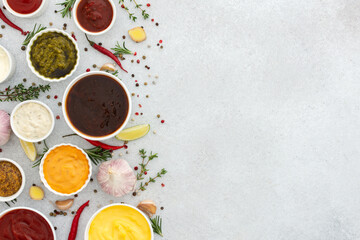 Different types of sauces in bowls with seasonings, rosemary and pepper, thyme and garlic, lime and lemon, cilantro, top view, copy space