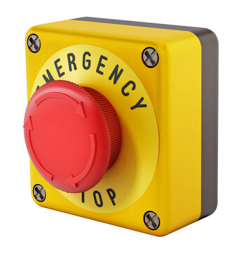 Emergency stop button isolated on transparent background. 3D illustration