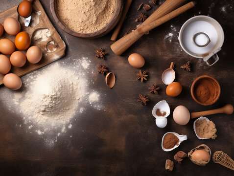 Baking or cooking background frame. Ingredients, kitchen items for baking cakes, flour, eggs, cinnamon, Text space, top view. AI Generated 