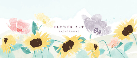 Spring floral art background vector. Botanical watercolor hand drawn sunflowers, leaves, plants. Blossom design illustration for wallpaper, banner, print, poster, cover, greeting and invitation card.