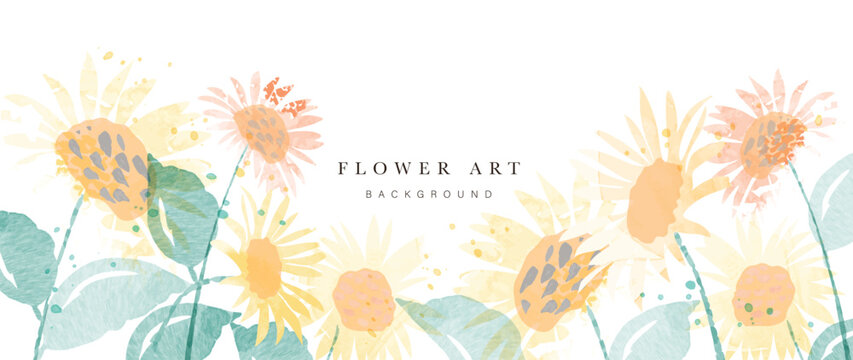 Spring floral art background vector. Botanical watercolor hand drawn sunflowers, leaves, plants. Blossom design illustration for wallpaper, banner, print, poster, cover, greeting and invitation card.
