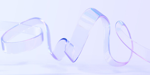 Transparent iridescent ribbon 3d render. Flying wavy curved line of plastic, acrylic or glass, holographic clear liquid tape with gradient texture, isolated abstract geometric shape. 3D illustration