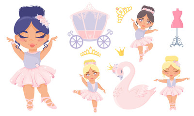 Vector set of children's illustrations. Beautiful delicate princess ballerinas, queen swan, carriage, mannequin, crowns. Children's set on white background 