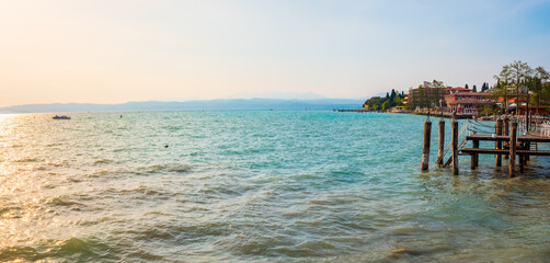 Famous Sirmione at lake Garda, Italy, on a sunny day in springtime. 