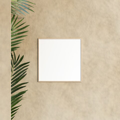 Living room interior with plant and shadow with decoration, mockup poster frame hanging on the wall