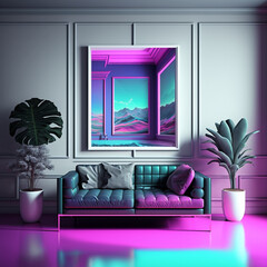  a living room design in style of colorful vaporwave interior design, pink and cyan colors Created with generative AI tools.