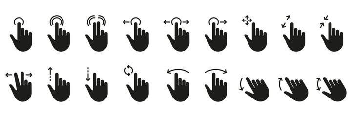 Hand Finger Touch, Swipe and Drag Silhouette Icon Set. Gesture Slide Left and Right Black Solid Pictogram. Pinch Screen, Rotate Up Down on Screen Glyph Icons. Isolated Vector Illustration