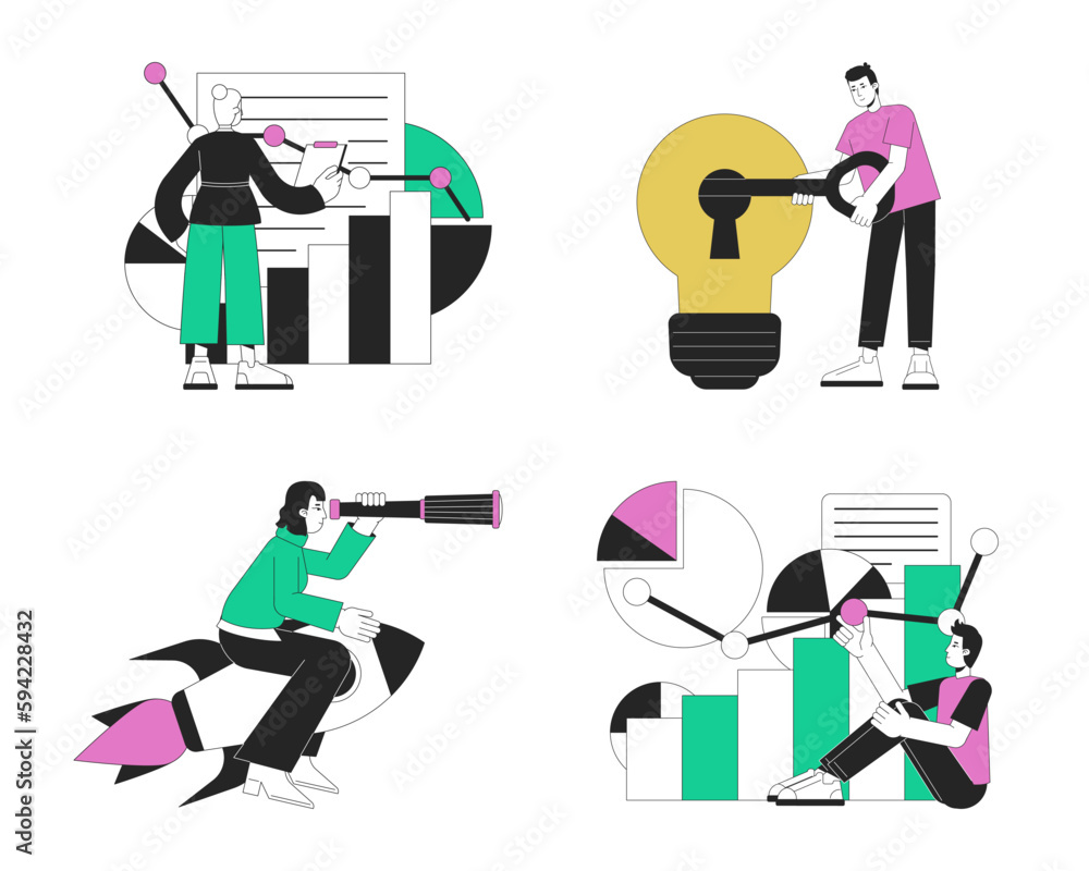 Poster stealth mode startup strategy flat line concept vector spot illustrations pack. 2d cartoon outline c