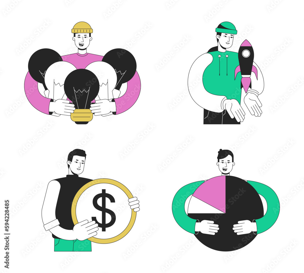 Aufkleber startup pre launch strategy flat line concept vector spot illustrations pack. plan 2d cartoon outlin