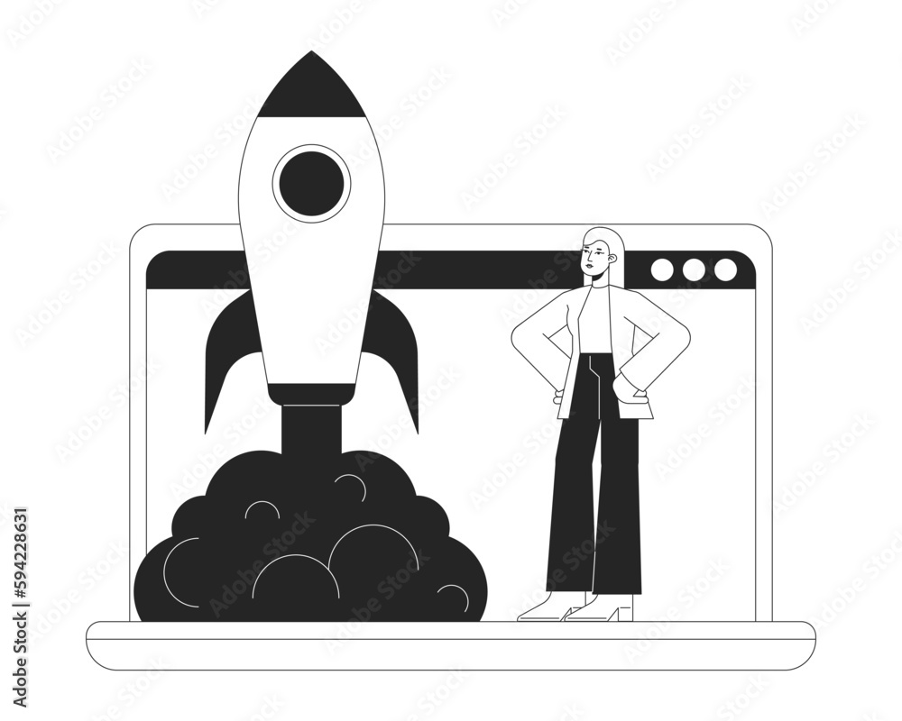 Poster online startup bw concept vector spot illustration. virtual business startupper 2d cartoon flat line