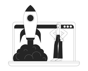 Online startup bw concept vector spot illustration. Virtual business startupper 2D cartoon flat line monochromatic character for web UI design. Editable hero image for landing page, mobile header