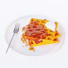 Plate of belgian waffles with whipped cream and caramel sauce. 3d render