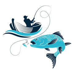 Big fish and fisherman in a boat, design for fishing