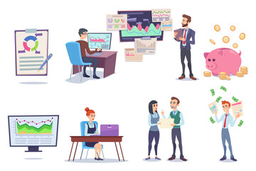 Business people and financial elements vector illustrations set. Collection of cartoon drawings of charts, piggy bank, office workers or accountants. Finances, investment, stock trading concept
