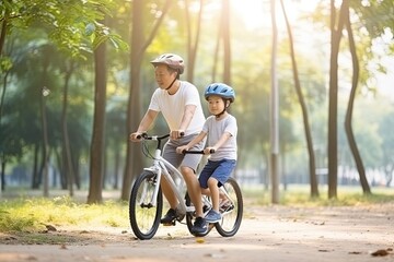 Fototapeta premium parent and child riding bikes in park, ai generative