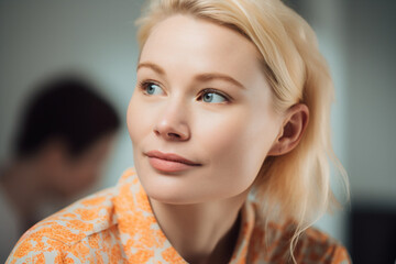 Youthful Energy: Blonde Woman, Light Blue-Orange Tones. Generative AI