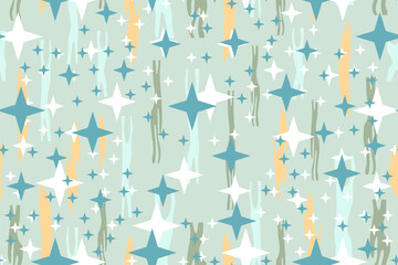 Seamless art pattern with abstract geometric shapes and stars in 1960's style on light background. Summer or spring motif. Can be used for fabric,cloth,textile,wallpaper,covers and decor.