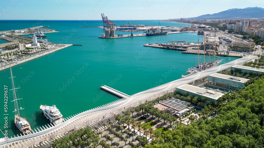 Poster Malaga, Andalusia. Aerial view of city skyline along the port area