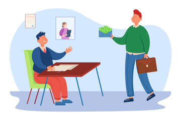 Man giving bribe to happy businessman sitting at office desk. Office worker holding envelope with money, illegal activity for promotion vector illustration. Corruption, bribery, finances concept