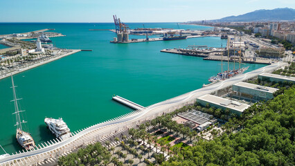 Malaga, Andalusia. Aerial view of city skyline along the port area